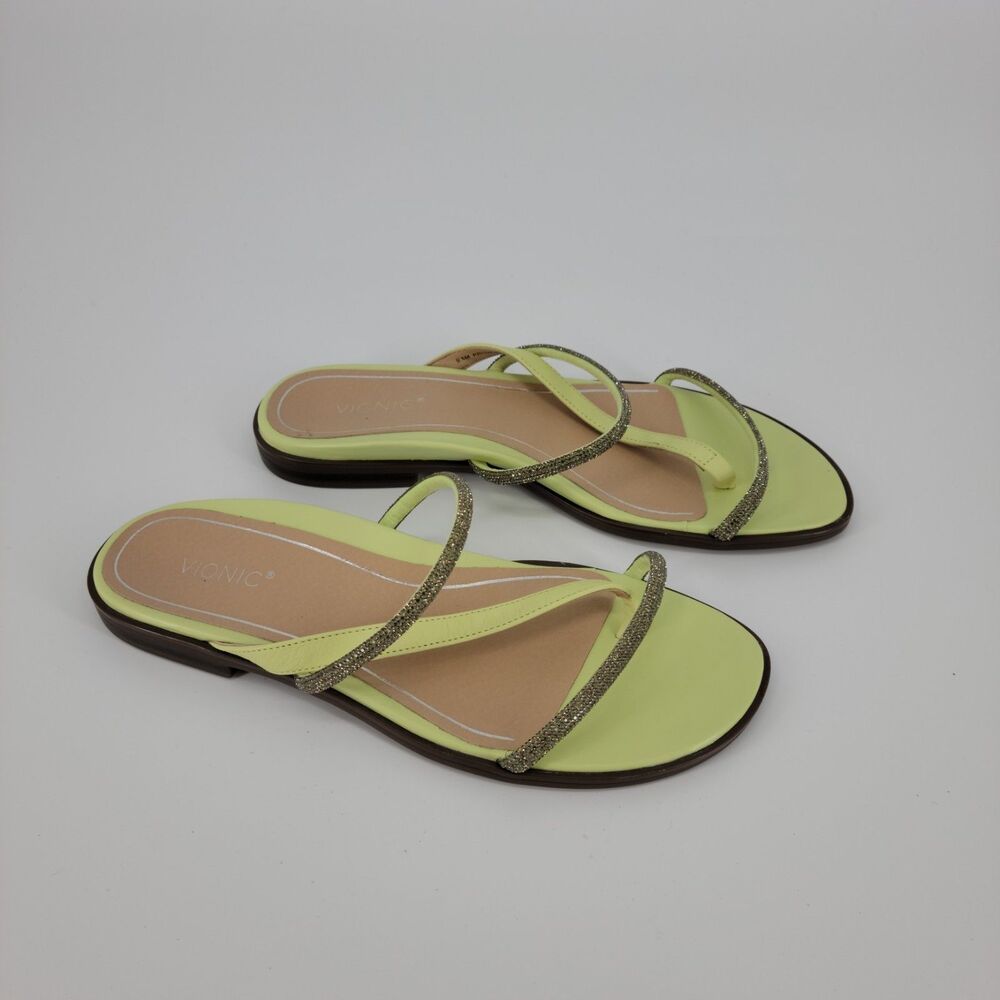 Vionic Prism Sandal Leather Yellow  Sparkle Strappy Flat 9.5 NEW Comfort Womens